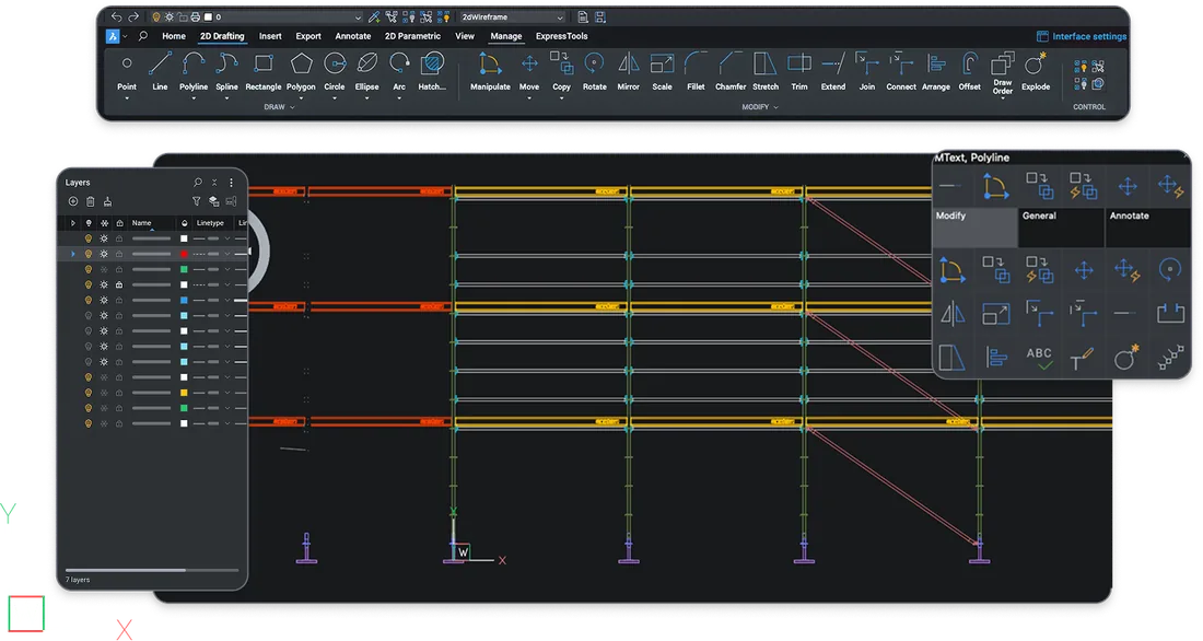 BricsCAD LITE Interface – 2D-Zeichnung und Layer-Verwaltung