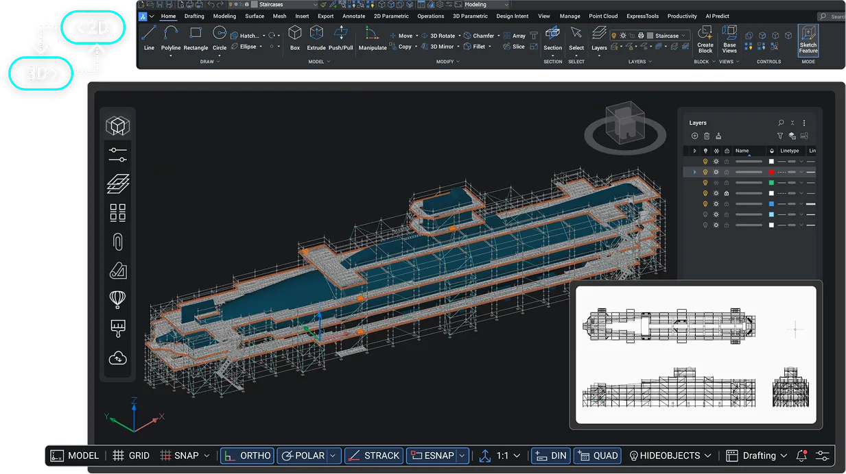 BricsCAD PRO Interface – 3D-Modell und Punktwolke